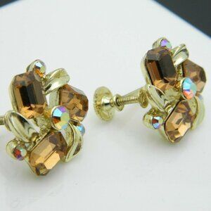 Lisner Topaz Rhinestone Flower Gold Tone Earrings
